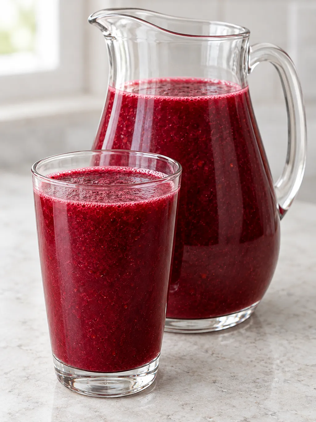 Dzbanek i szklanka purpurowoczerwonego napoju z kapusty, jagód i hibiskusa