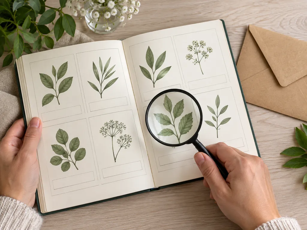 Ilustracja porównywania dokumentacji botanicznej z pomocą lupy.
