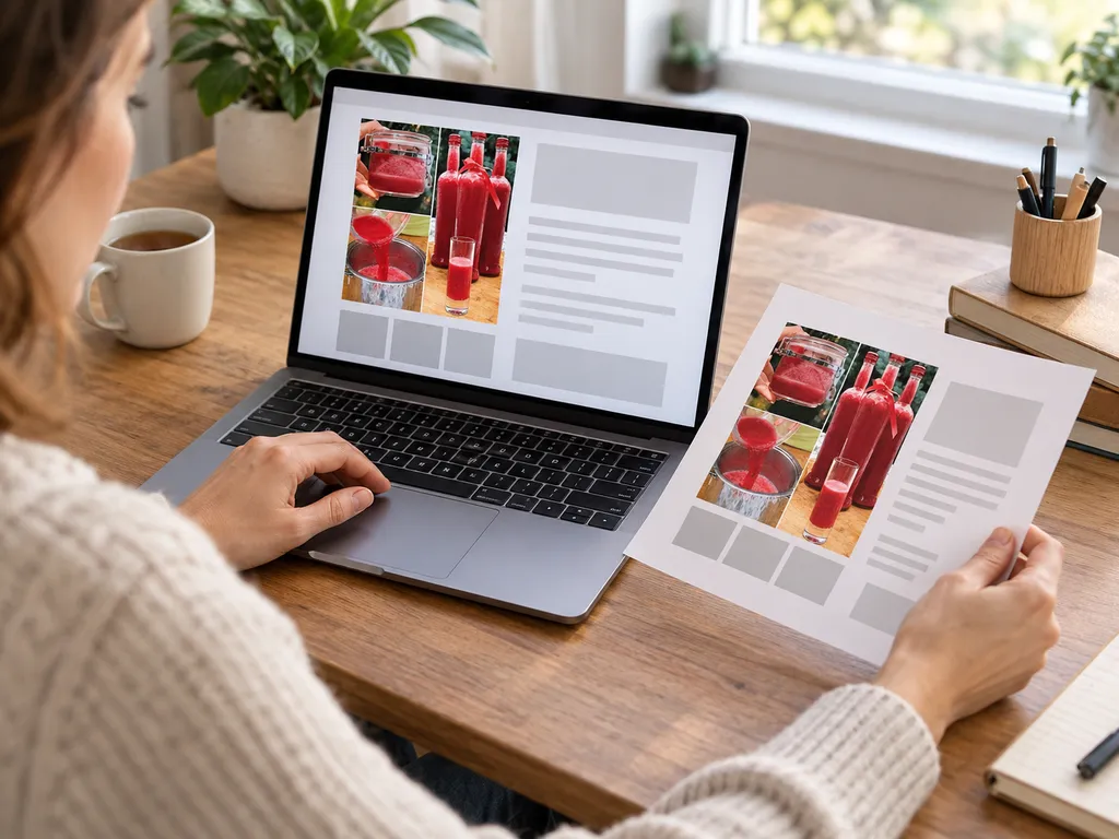 Osoba porównująca dokument z informacjami wyświetlonymi na laptopie.