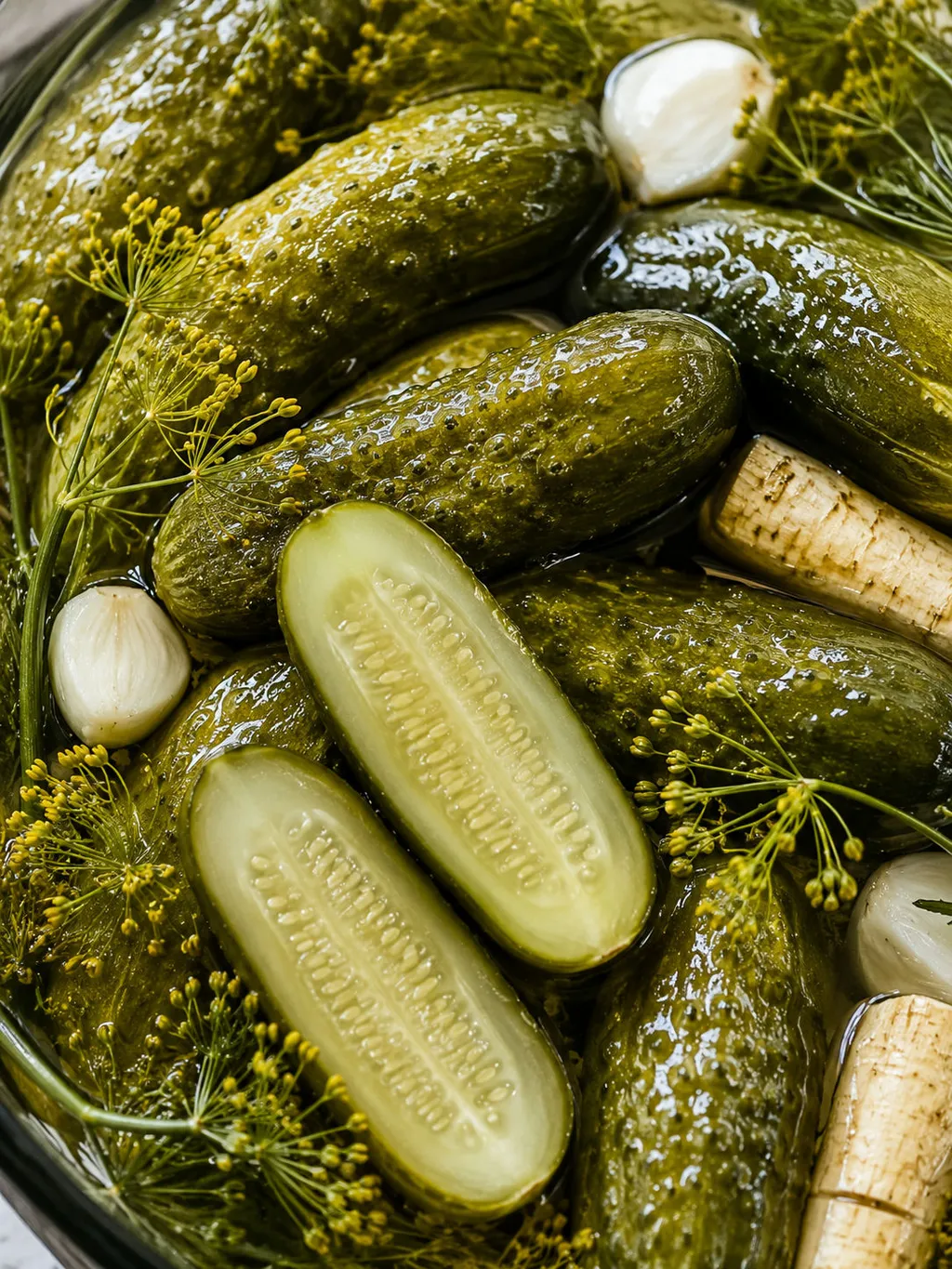 Close-up pile of crisp Polish fermented pickles with dill and garlic