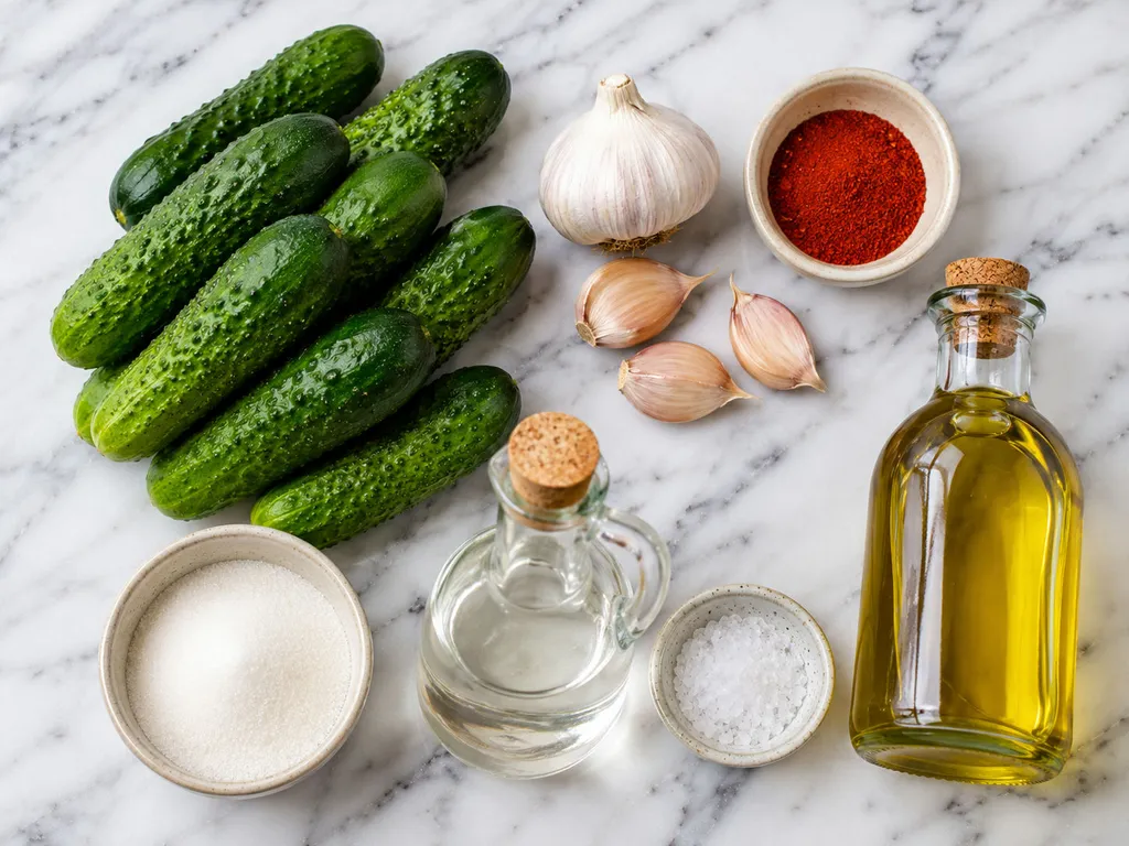 Raw cucumbers, garlic, chili powder, oil, sugar and vinegar on a wooden board