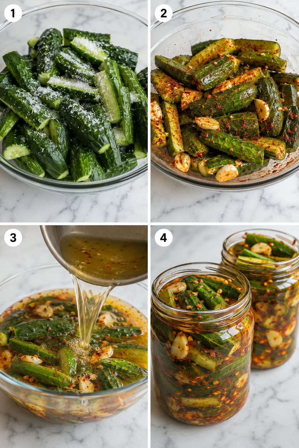 Four steps of making Mexican-style pickled cucumbers from salting to pouring hot brine