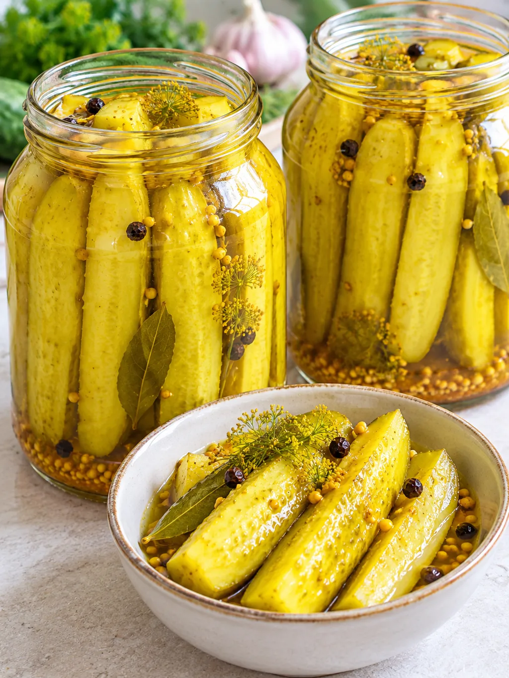 Ogórki z curry w otwartych słoikach i miseczce z żółtą zalewą
