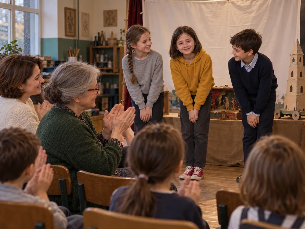 Nela kłania się z kolegami po teatrze cieni, a Helena w bordowych okularach klaszcze obok jej mamy.