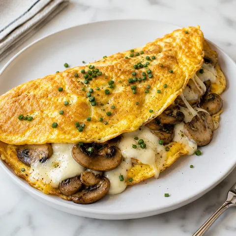 Folded mushroom and mozzarella omelette with melted cheese and chives on a plate