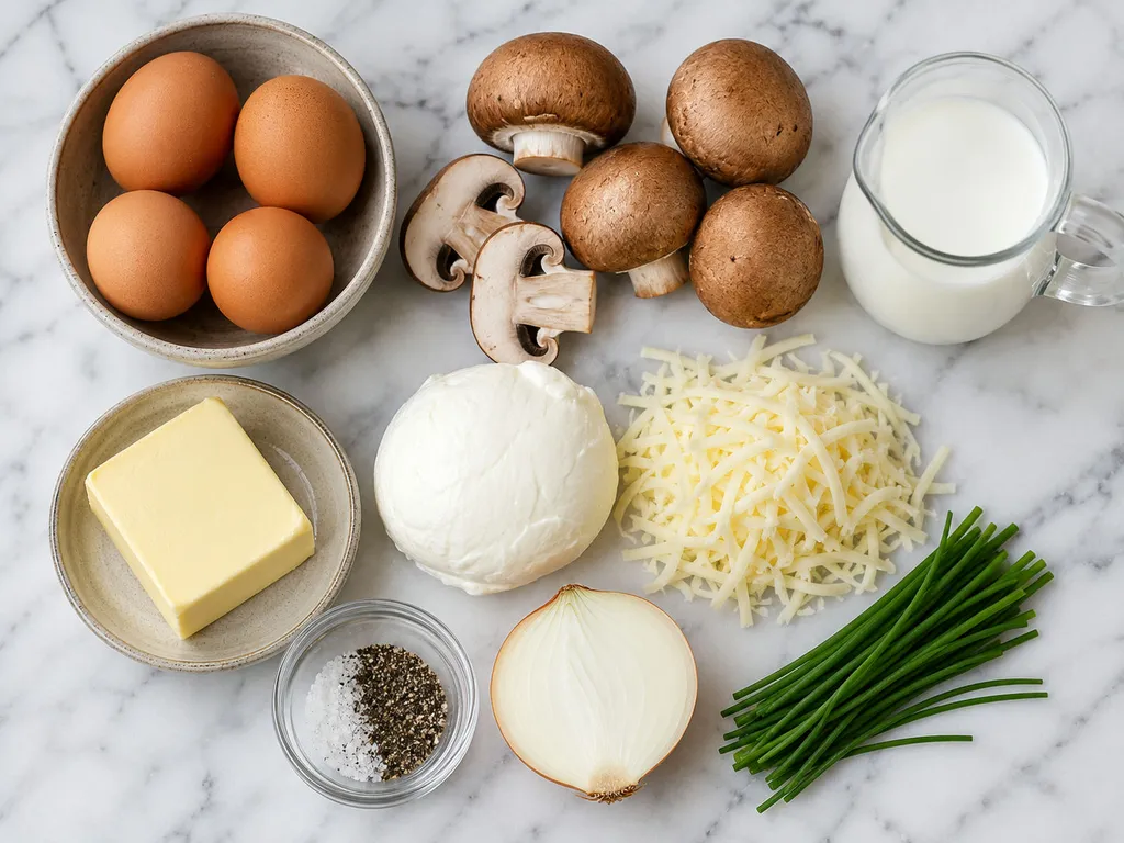 Raw eggs, mushrooms, mozzarella, onion and chives arranged on a wooden table