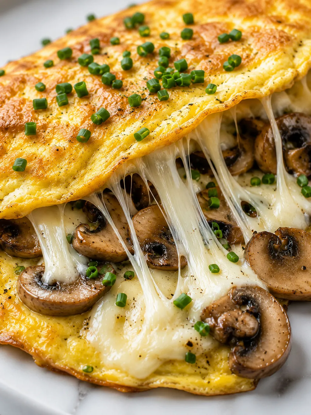 Close-up of a folded mushroom and mozzarella omelette with stretchy melted cheese