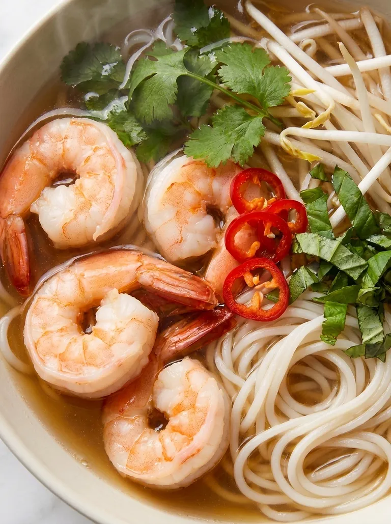 Top-down bowl of shrimp rice noodle soup with herbs, chili, and lime