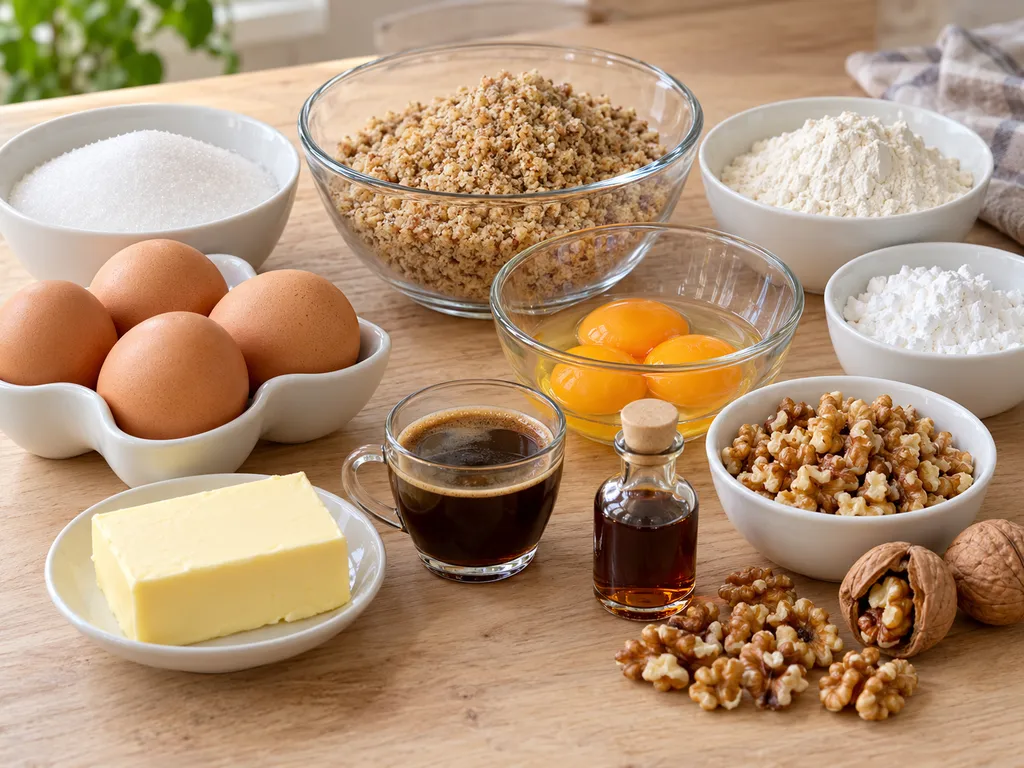 Składniki na orzechowy biszkopt z kremem kawowym: jajka, orzechy, mąka, masło i kawa