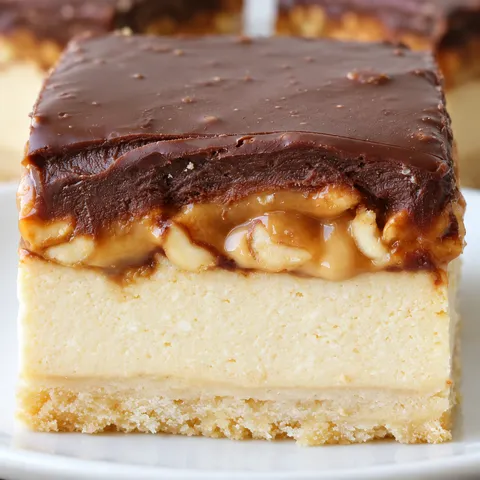 Kwadratowy kawałek sernika Snickers z kajmakiem, orzeszkami i czekoladą