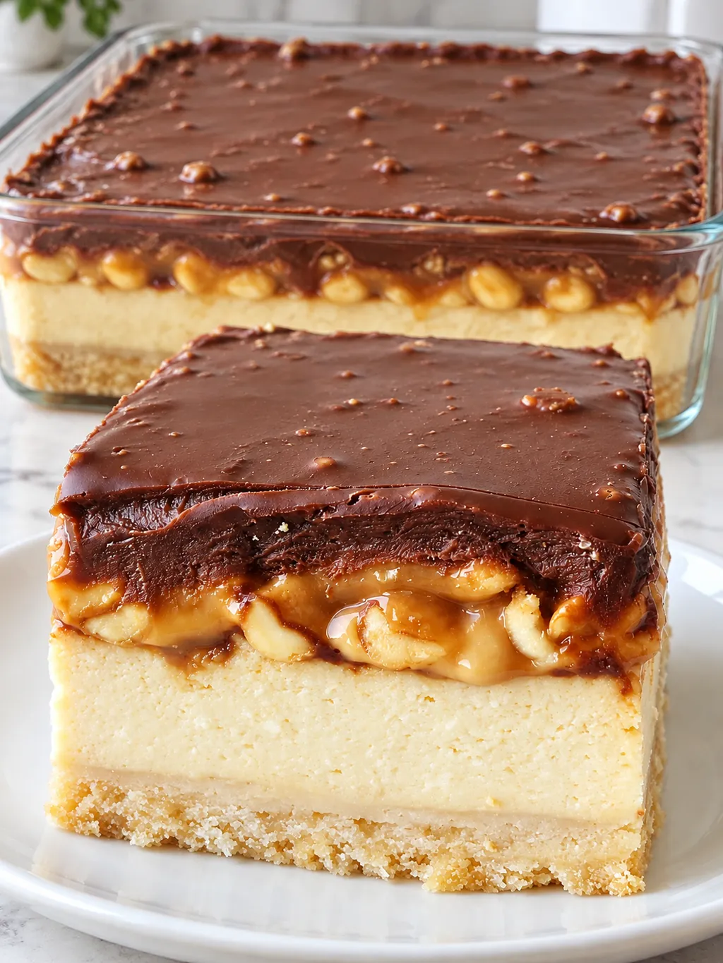 Cały sernik Snickers w szklanej formie i jeden kawałek na talerzu