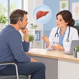 Ilustracja rozmowy z lekarką o objawach dotyczących wątroby.