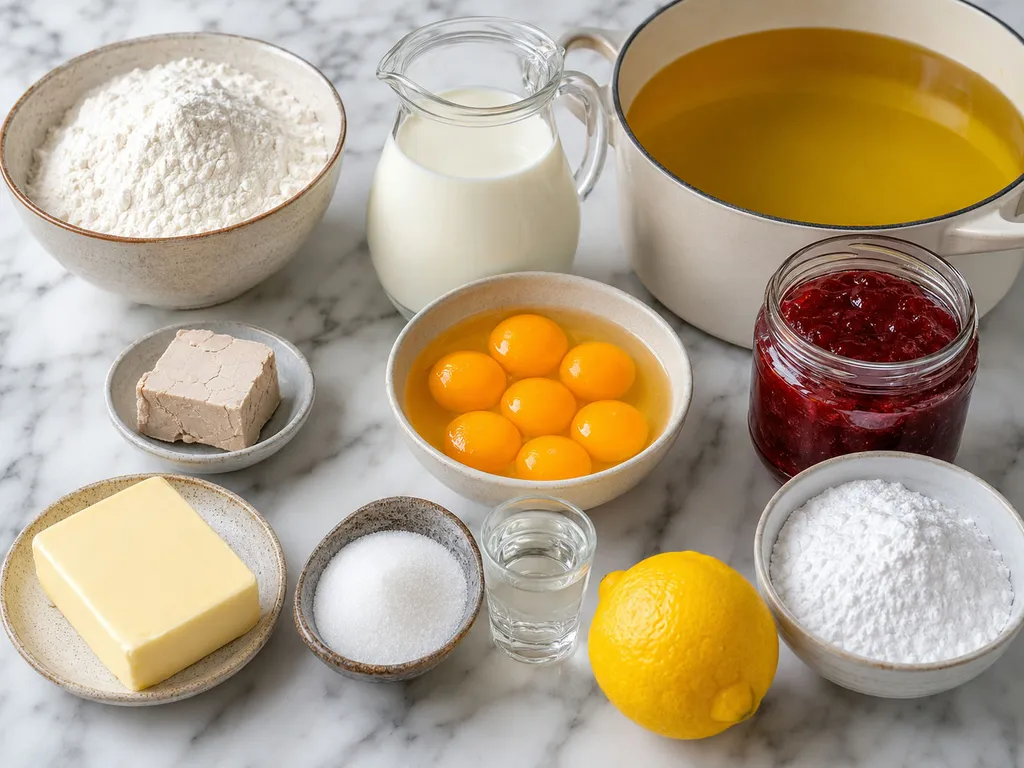 Raw ingredients for Polish pączki including flour, yeast, rose jam and powdered sugar