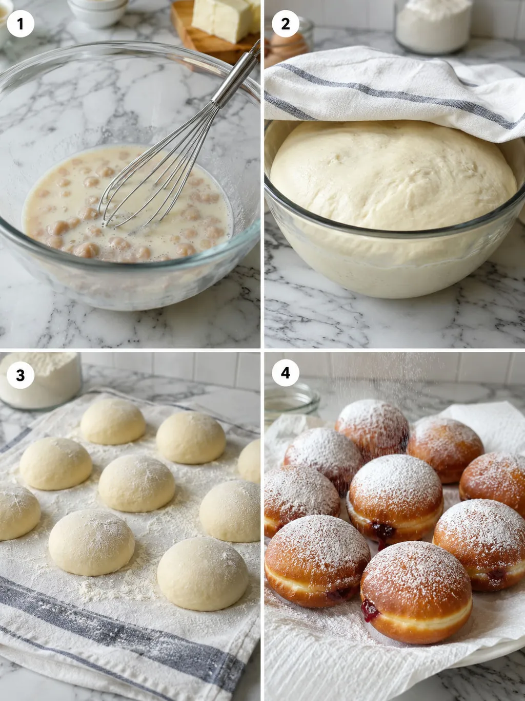 Four steps of making Polish pączki from kneading dough to dusting with sugar