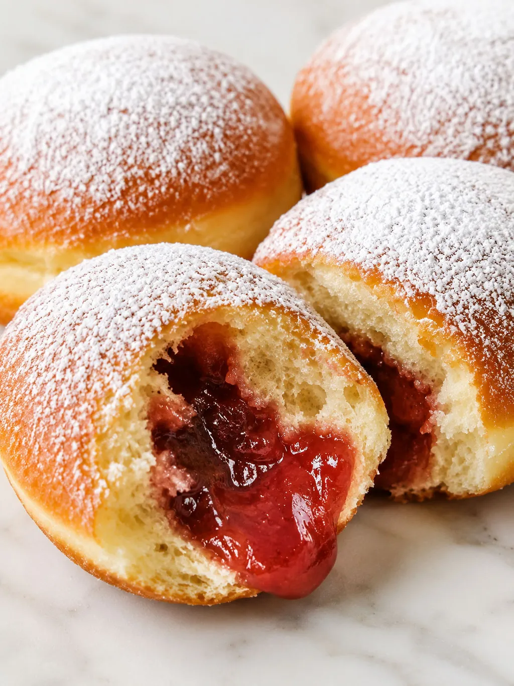 Polish pączki doughnut split open showing rose jam filling and powdered sugar
