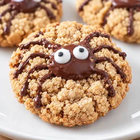 Peanut butter cookie decorated as a Halloween spider with chocolate web and candy eyes
