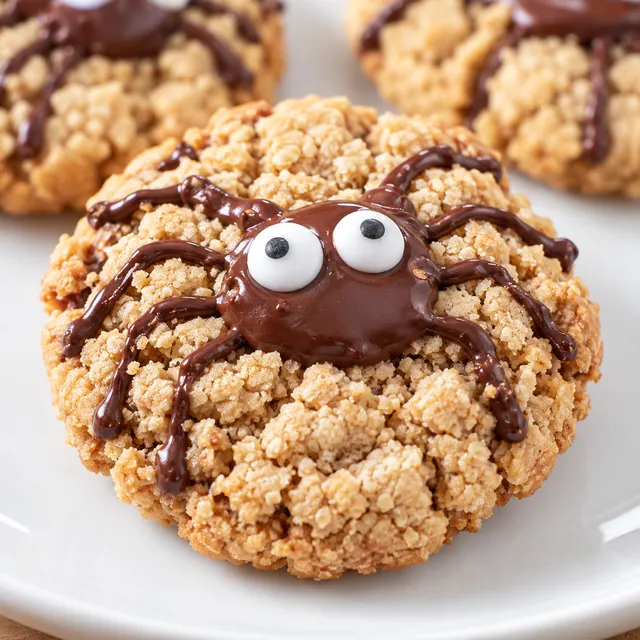 Peanut butter cookie decorated as a Halloween spider with chocolate web and candy eyes