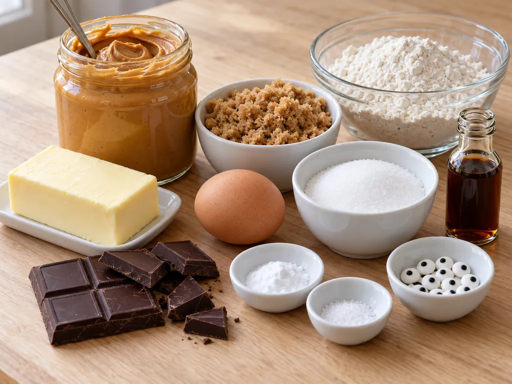 Raw ingredients for peanut butter Halloween spider cookies grouped on a wooden counter