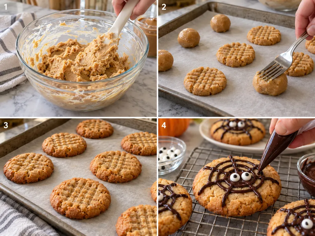 Four steps of making peanut butter Halloween spider cookies from dough to chocolate web