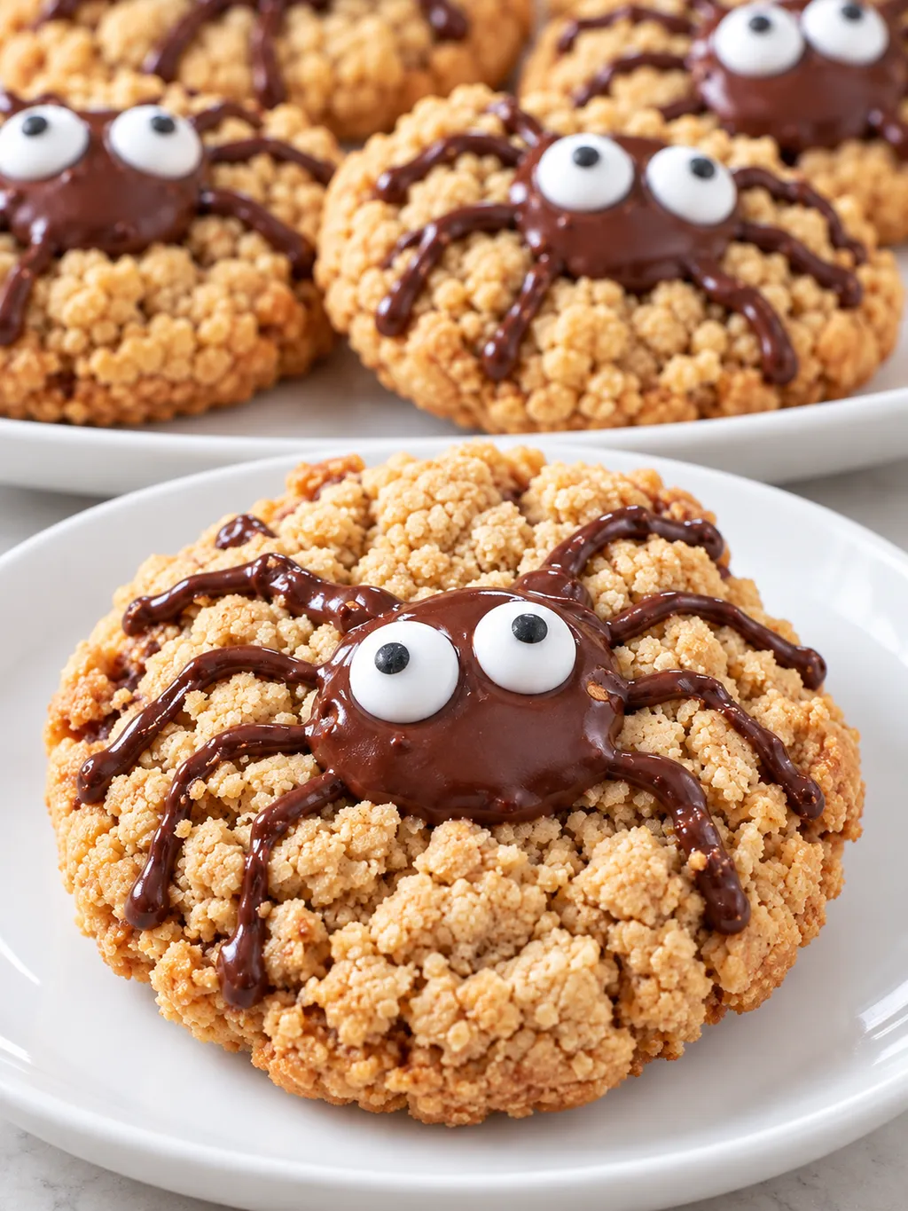 Platter of peanut butter Halloween spider cookies with one cookie served in front on a plate