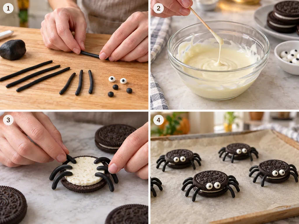 Cztery kroki przygotowania pajączków Oreo z czekoladą i oczkami