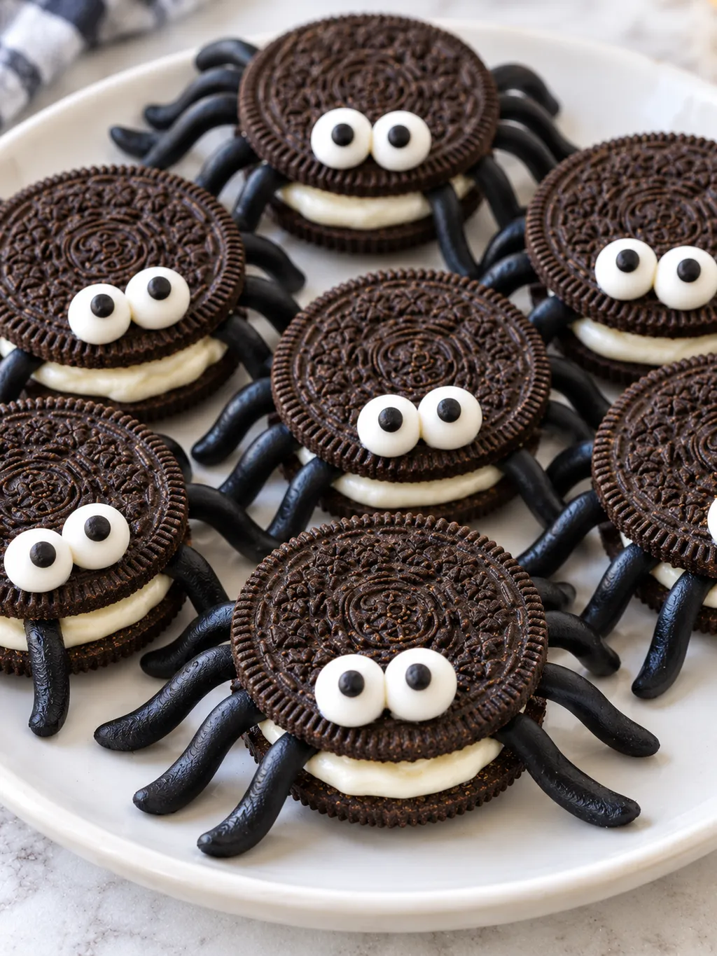 Pajączki Oreo z czarnymi nóżkami i białymi oczkami na Halloween