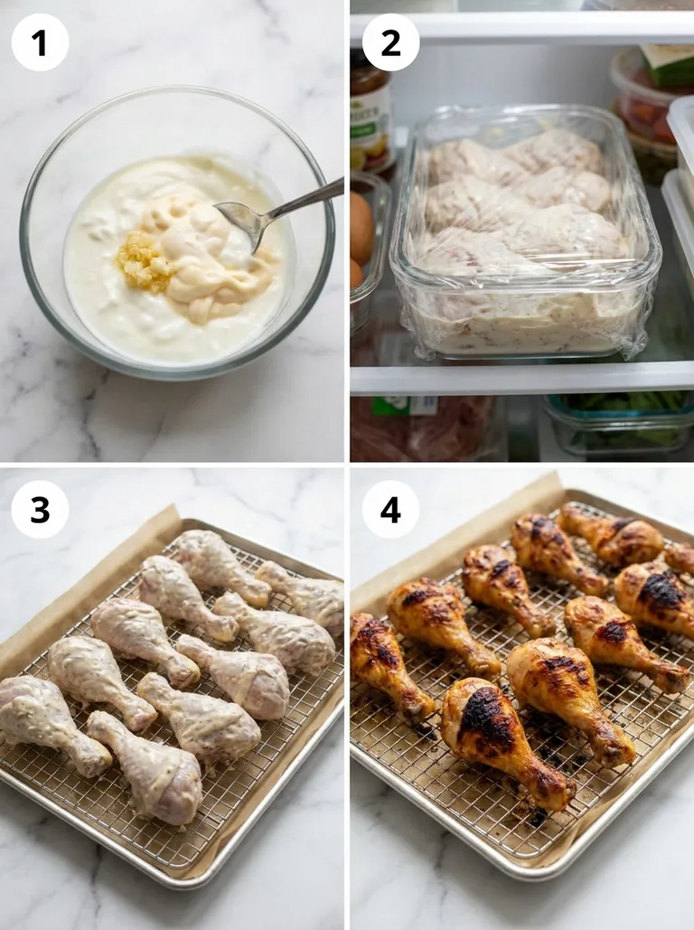 Four steps of making creamy marinated chicken drumsticks from mixing to roasting
