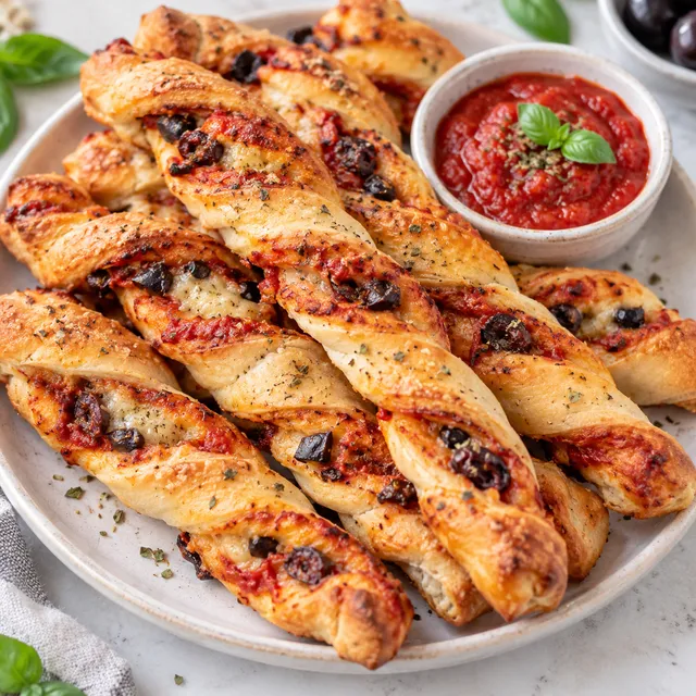 Rumiane paluchy drożdżowe z serem, oliwkami i sosem pomidorowym