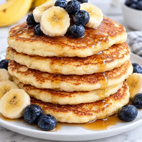 Puszyste pancakes bez masła z bananem, borówkami i syropem