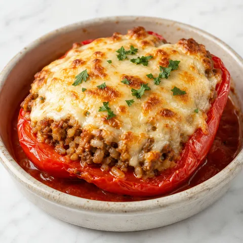 Papryka faszerowana mięsem mielonym i ryżem w sosie pomidorowym z roztopionym serem