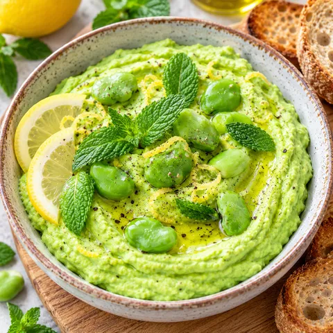 Pasta z młodego bobu z oliwą, miętą i cytryną w miseczce