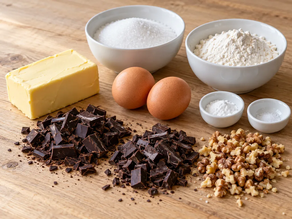 Składniki na ciasteczka brownie: masło, czekolada, jajka, mąka i orzechy