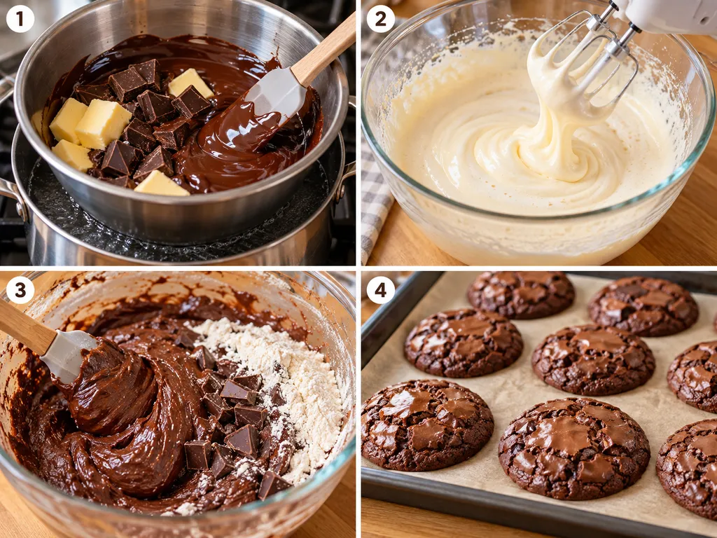 Etapy przygotowania ciasteczek brownie od roztopienia czekolady do pieczenia