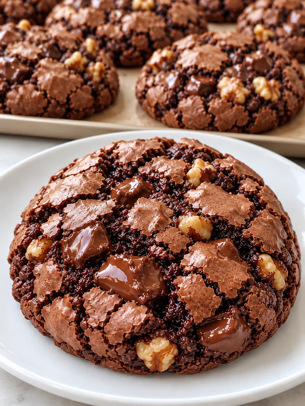 Ciasteczka brownie z czekoladą i orzechami na blasze i na talerzu