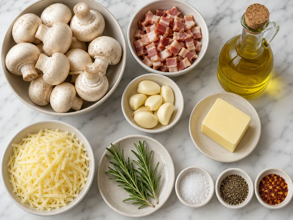 Raw mushrooms, diced bacon, garlic, cheese and fresh rosemary on a wooden board