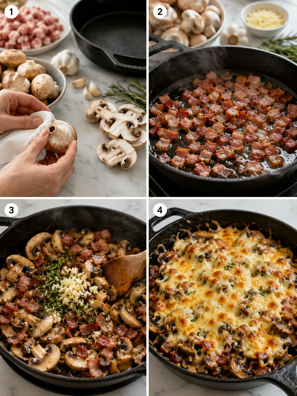Four steps of cooking mushrooms with bacon, cheese and rosemary in a skillet