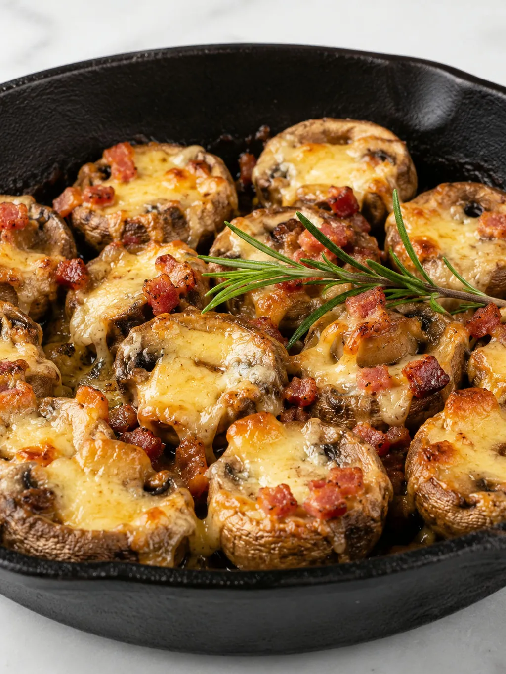 Cheesy mushroom with crispy bacon and rosemary lifted on a fork