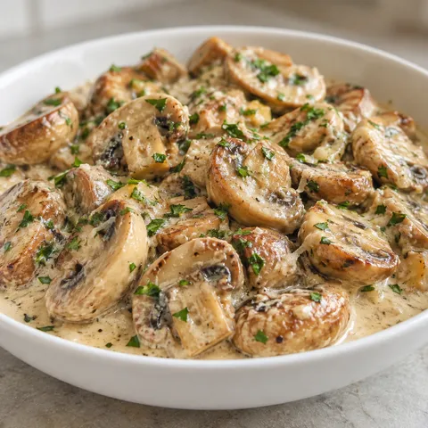 Rumiane pieczarki w kremowym sosie z czosnkiem, parmezanem i natką pietruszki