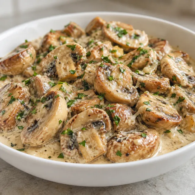 Rumiane pieczarki w kremowym sosie z czosnkiem, parmezanem i natką pietruszki