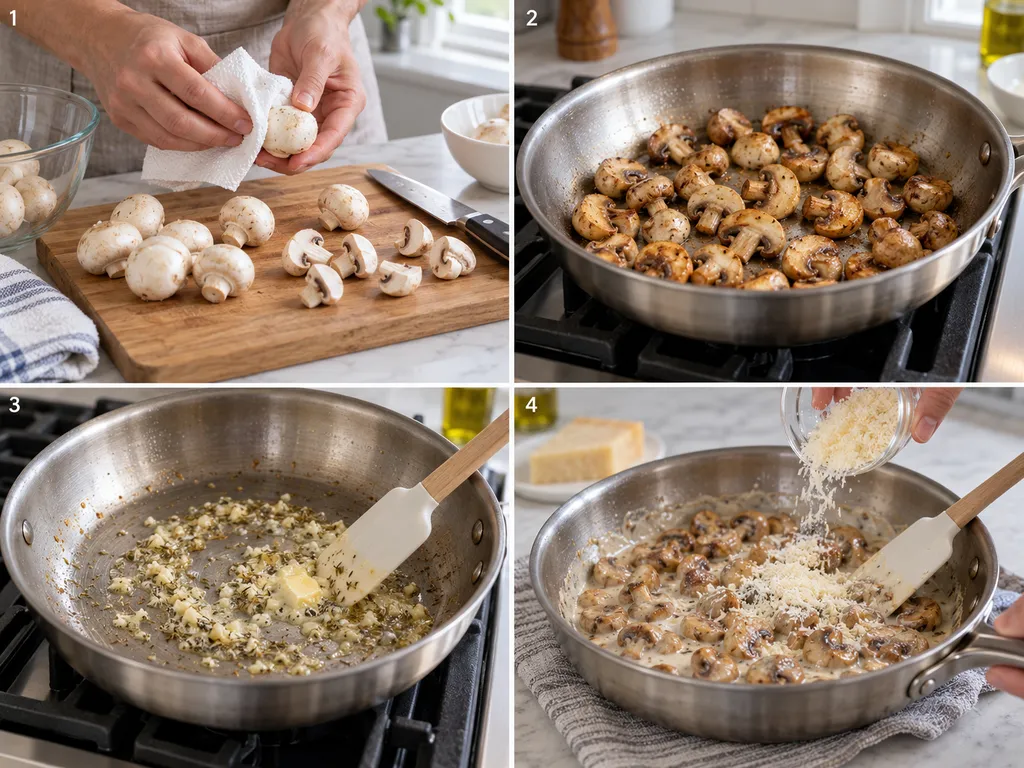 Przygotowanie pieczarek od krojenia i rumienienia do połączenia sosu z parmezanem