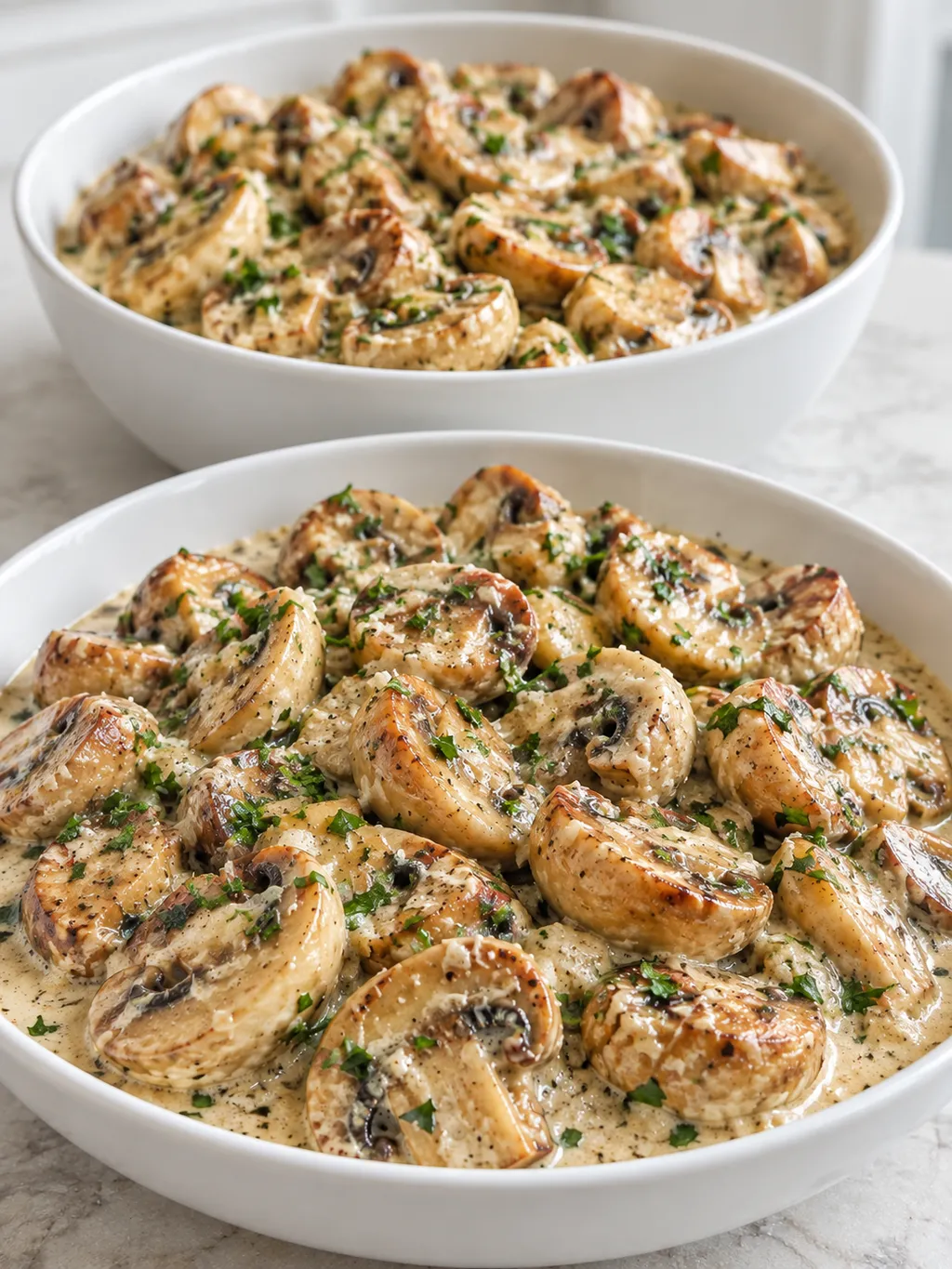 Pieczarki z czosnkiem i parmezanem w dużej misie oraz porcja w białej miseczce