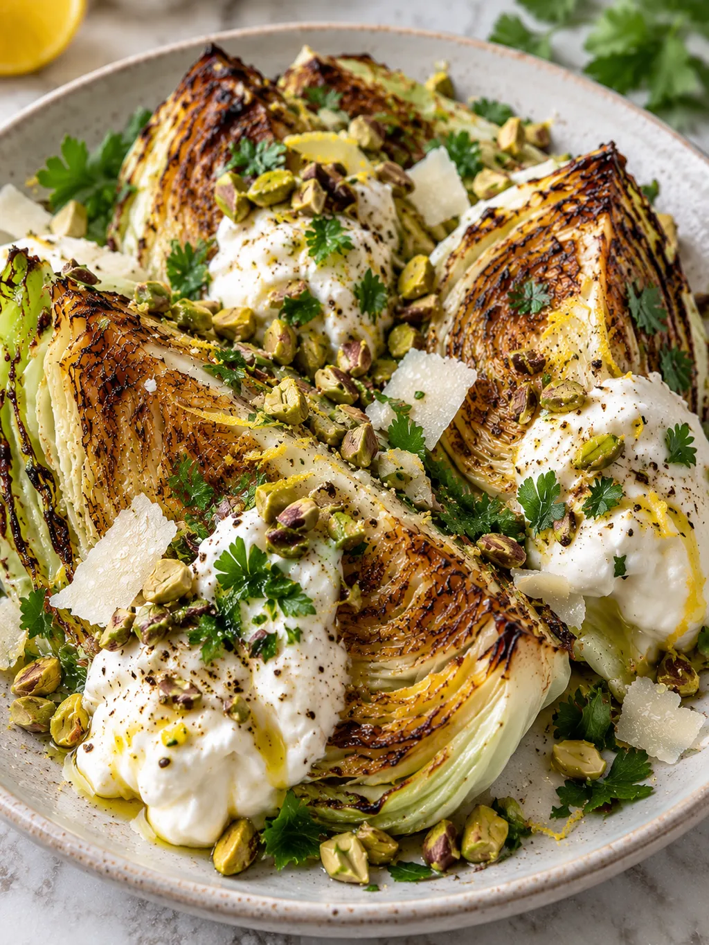 Pieczona kapusta z kremową burratą, pistacjami i parmezanem