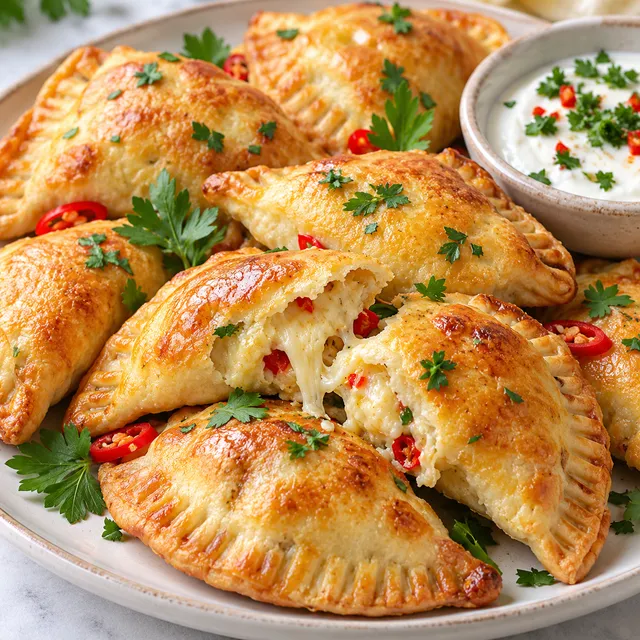 Złociste pieczone pierogi z serem, chili i natką na jasnym talerzu