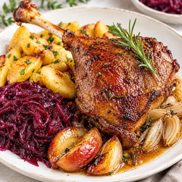 Rumiane pieczone udka gęsie z rozmarynem i sosem
