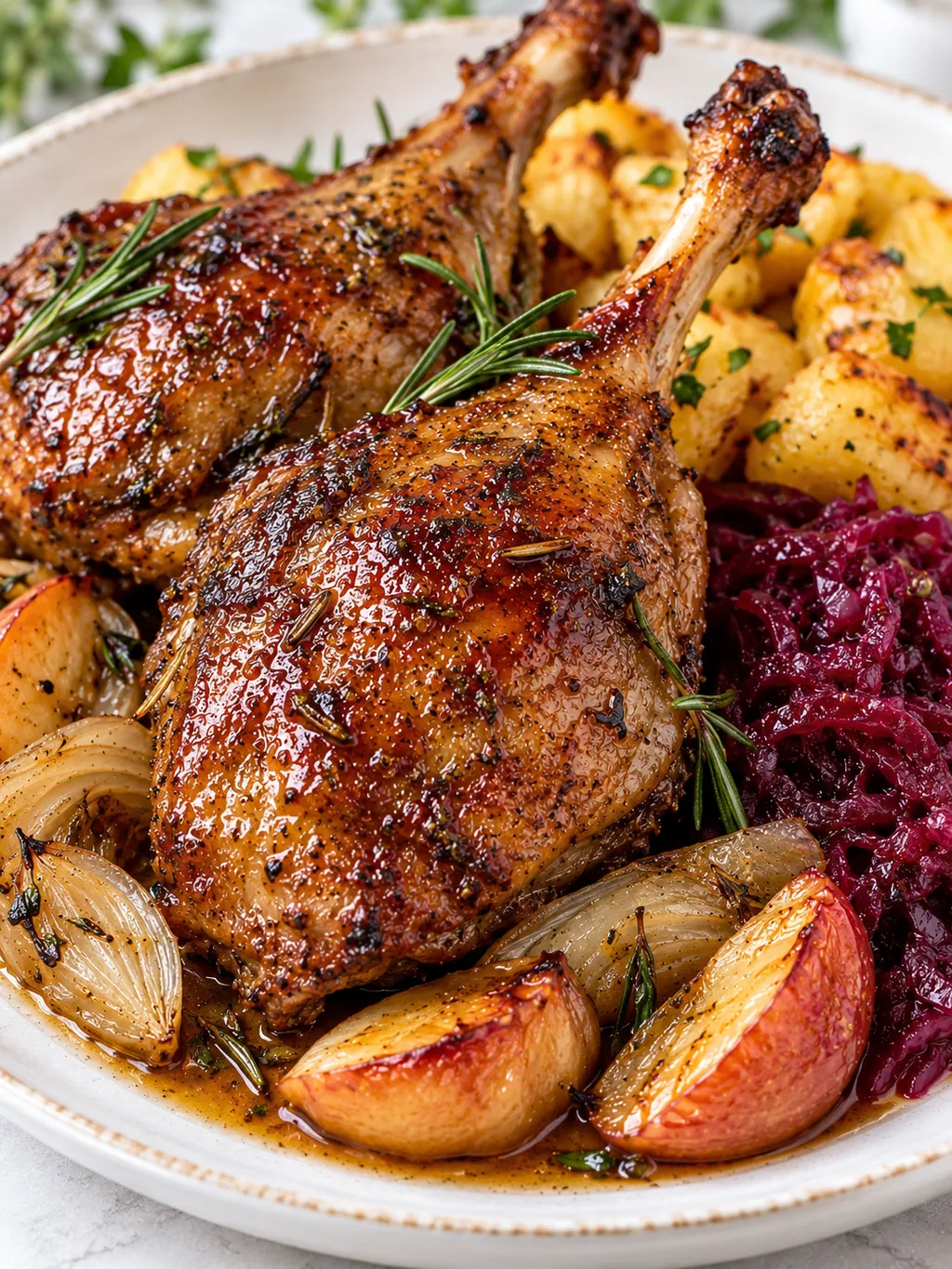 Pieczone udka gęsie z rumianą skórką i sosem