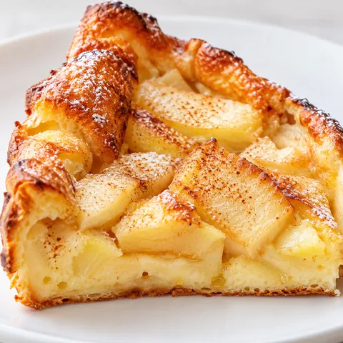 Kawałek pieczonego naleśnika Dutch Baby z karmelizowanymi jabłkami i cukrem pudrem