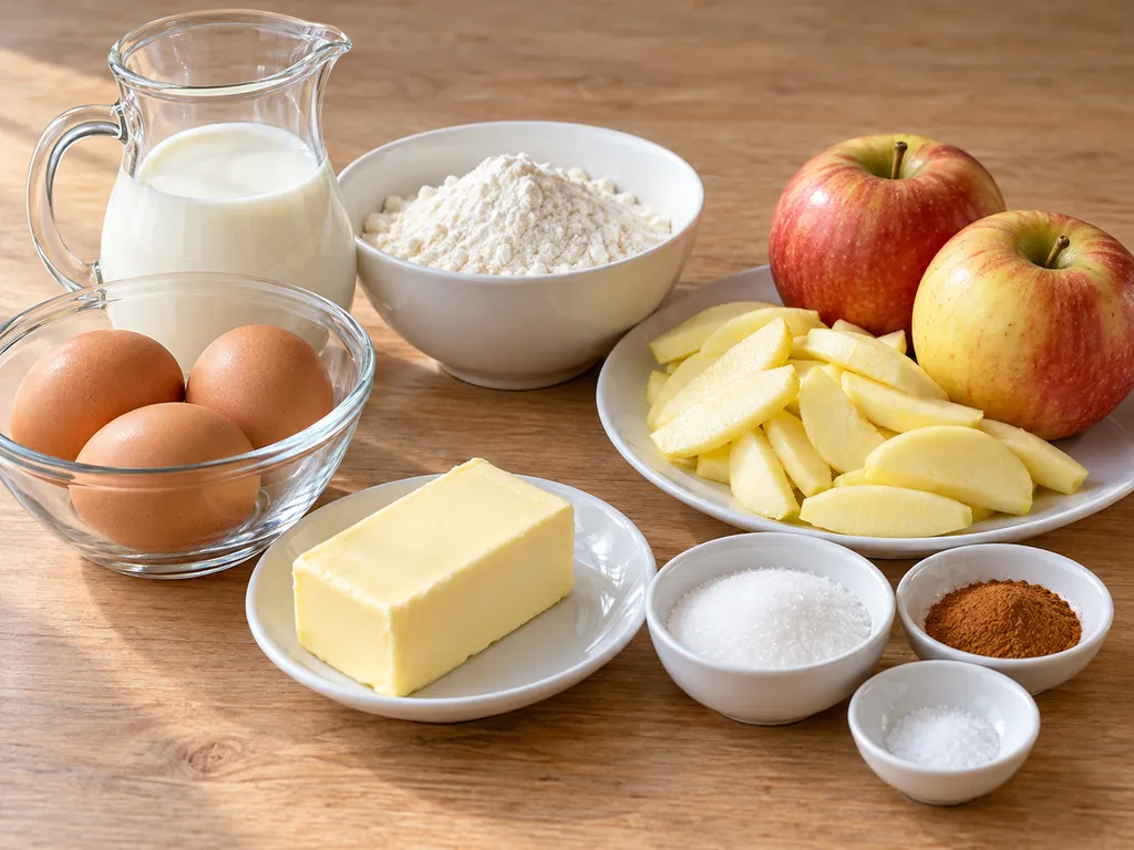 Surowe składniki na naleśnik Dutch Baby z jabłkami: jajka, mleko, mąka, masło i jabłka