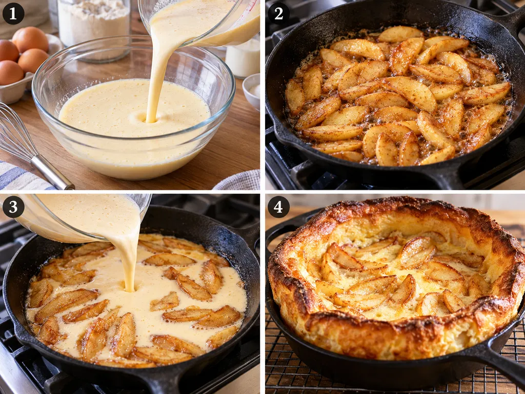 Cztery etapy przygotowania pieczonego naleśnika Dutch Baby z jabłkami