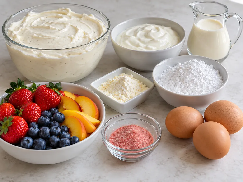 Składniki na pieczonego skyrnika, skyr, jogurt, jajka, owoce i galaretka na blacie