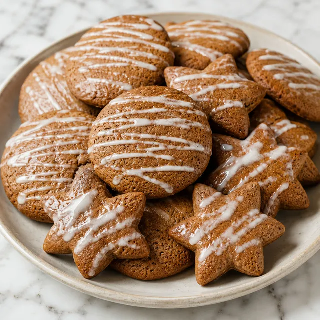 Stack of soft honey gingerbread pierniczki cookies with white icing drizzle and cinnamon stick